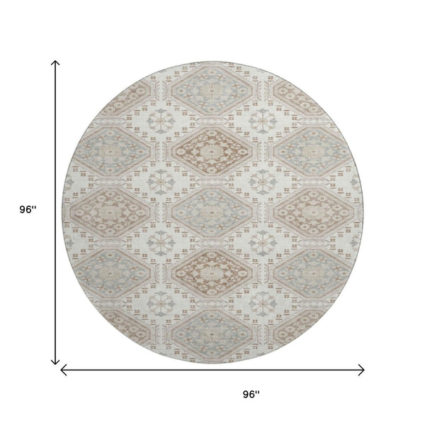 HomeRoots 8' X 8' Washable Round Rug with Floral Design in Ivory, Brown & Gray - UV Protected & Durable! 693729