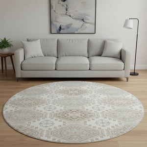 HomeRoots 8' X 8' Washable Round Rug with Floral Design in Ivory, Brown & Gray - UV Protected & Durable! 693729