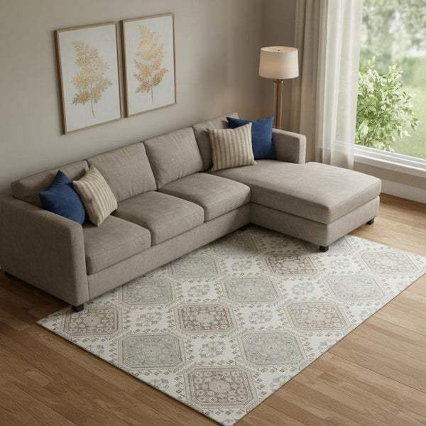 HomeRoots 9' X 12' Elegant Floral Area Rug in Ivory, Brown & Gray - Washable, UV-Protected, Non-Slip Backing! 693731