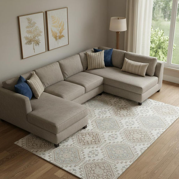 HomeRoots 10' X 14' Ivory Brown & Gray Floral Area Rug - Washable, UV-Protected, Family-Friendly Design 693732