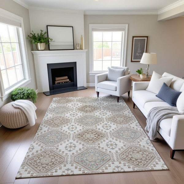 HomeRoots 10' X 14' Ivory Brown & Gray Floral Area Rug - Washable, UV-Protected, Family-Friendly Design 693732