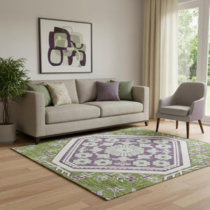 HomeRoots 5' X 8' Floral Area Rug in Lime Green, Ivory & Purple - Washable, UV Protected, Stain Resistant Decor 693734