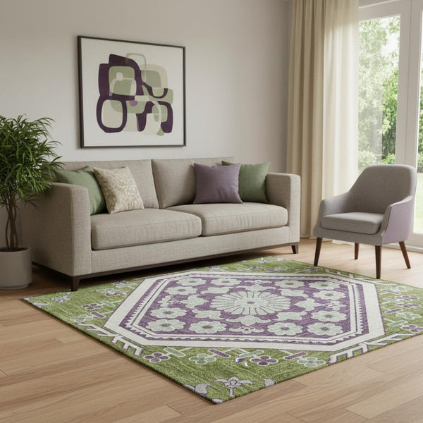 HomeRoots 5' X 8' Floral Area Rug in Lime Green, Ivory & Purple - Washable, UV Protected, Stain Resistant Decor 693734
