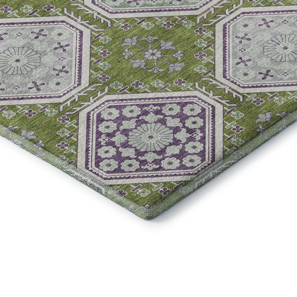 HomeRoots 5' X 8' Floral Area Rug in Lime Green, Ivory & Purple - Washable, UV Protected, Stain Resistant Decor 693734