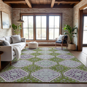 HomeRoots 5' X 8' Floral Area Rug in Lime Green, Ivory & Purple - Washable, UV Protected, Stain Resistant Decor 693734