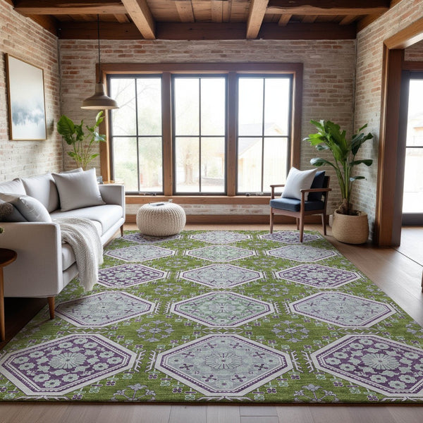 HomeRoots 5' X 8' Floral Area Rug in Lime Green, Ivory & Purple - Washable, UV Protected, Stain Resistant Decor 693734
