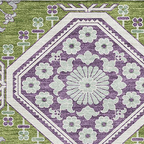 HomeRoots 5' X 8' Floral Area Rug in Lime Green, Ivory & Purple - Washable, UV Protected, Stain Resistant Decor 693734