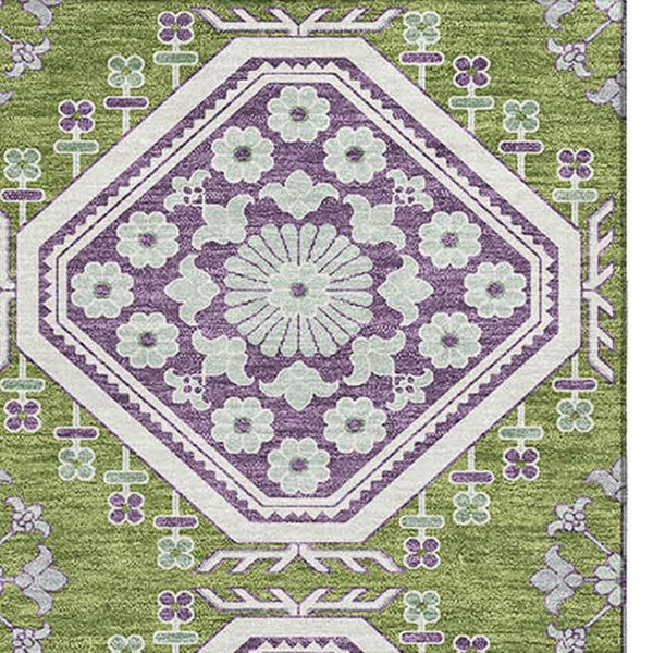 HomeRoots 5' X 8' Floral Area Rug in Lime Green, Ivory & Purple - Washable, UV Protected, Stain Resistant Decor 693734