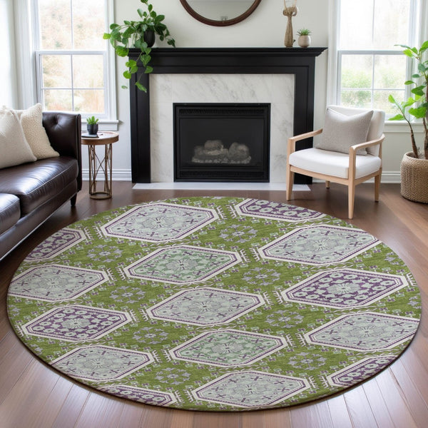 HomeRoots 8' X 8' Floral Round Rug in Lime Green, Ivory & Purple - Washable, UV Protected, Non-Slip Backing 693735