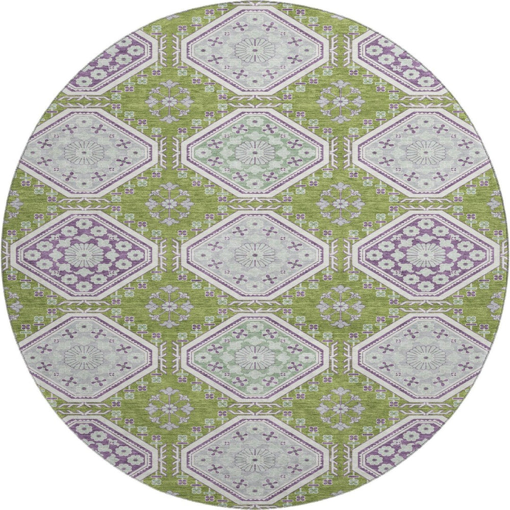 HomeRoots 8' X 8' Floral Round Rug in Lime Green, Ivory & Purple - Washable, UV Protected, Non-Slip Backing 693735