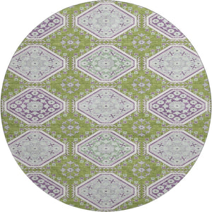 HomeRoots 8' X 8' Floral Round Rug in Lime Green, Ivory & Purple - Washable, UV Protected, Non-Slip Backing 693735