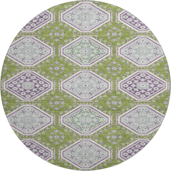 HomeRoots 8' X 8' Floral Round Rug in Lime Green, Ivory & Purple - Washable, UV Protected, Non-Slip Backing 693735
