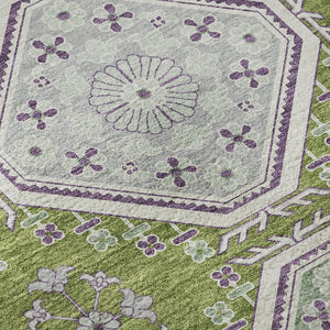 HomeRoots 8' X 8' Floral Round Rug in Lime Green, Ivory & Purple - Washable, UV Protected, Non-Slip Backing 693735
