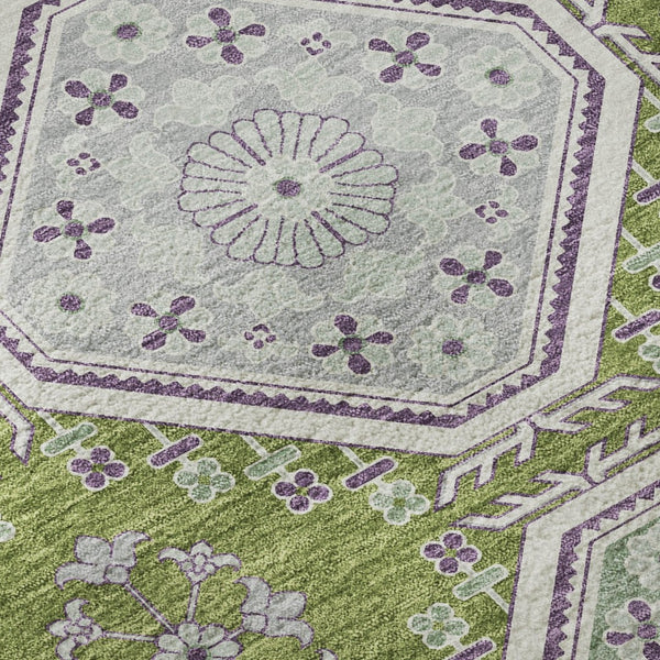 HomeRoots 8' X 8' Floral Round Rug in Lime Green, Ivory & Purple - Washable, UV Protected, Non-Slip Backing 693735