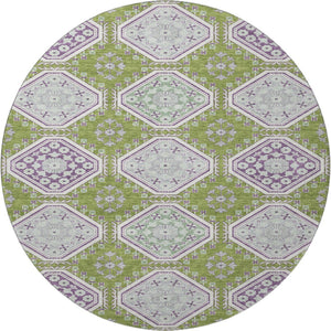 HomeRoots 8' X 8' Floral Round Rug in Lime Green, Ivory & Purple - Washable, UV Protected, Non-Slip Backing 693735