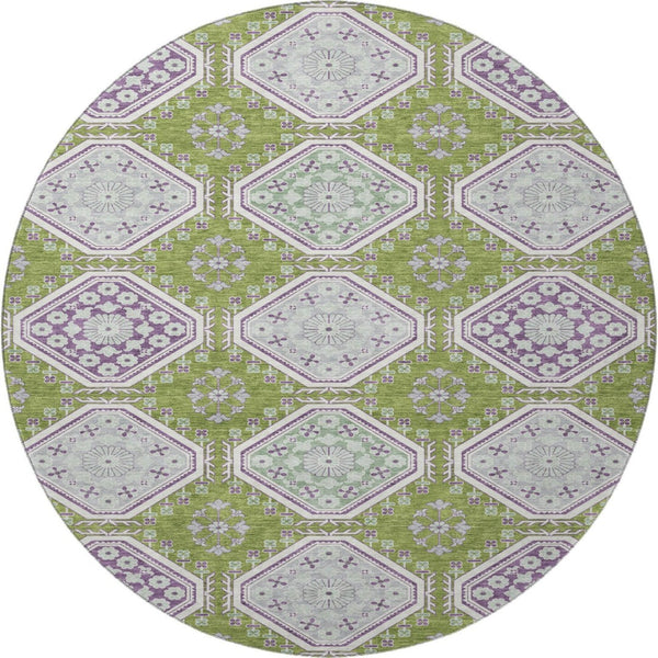 HomeRoots 8' X 8' Floral Round Rug in Lime Green, Ivory & Purple - Washable, UV Protected, Non-Slip Backing 693735