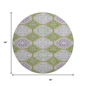 HomeRoots 8' X 8' Floral Round Rug in Lime Green, Ivory & Purple - Washable, UV Protected, Non-Slip Backing 693735