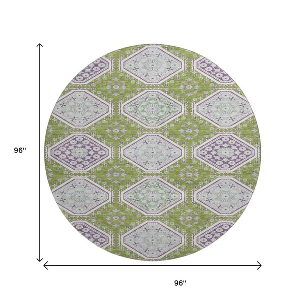 HomeRoots 8' X 8' Floral Round Rug in Lime Green, Ivory & Purple - Washable, UV Protected, Non-Slip Backing 693735