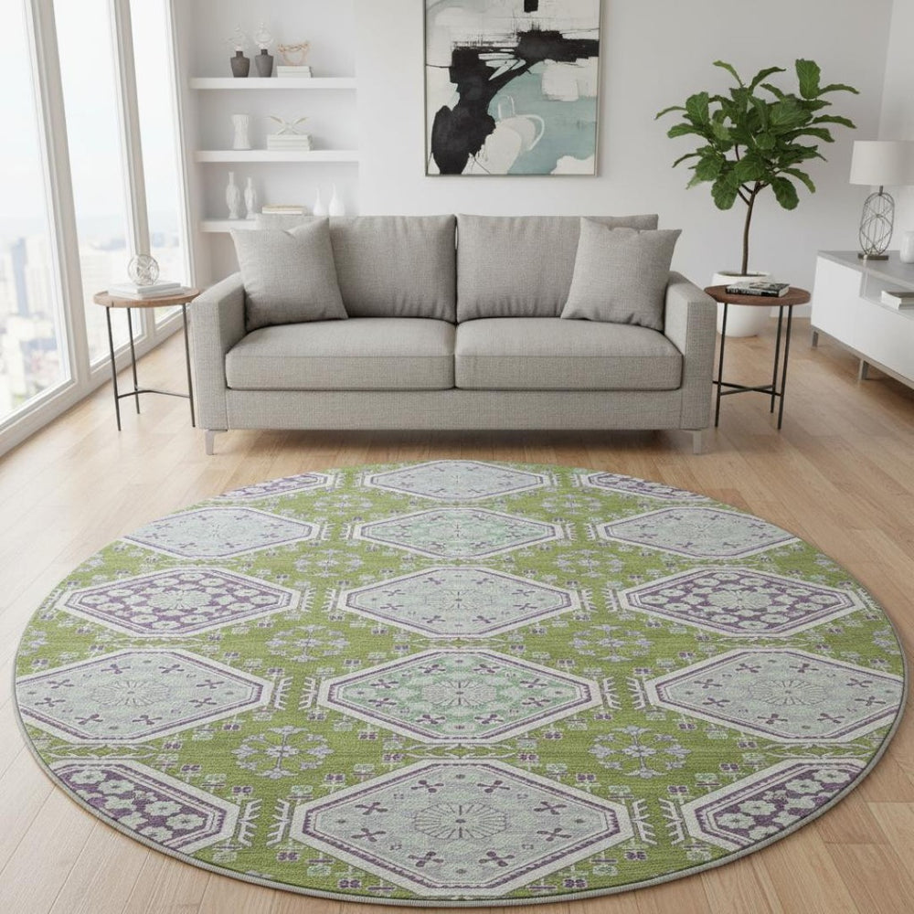 HomeRoots 8' X 8' Floral Round Rug in Lime Green, Ivory & Purple - Washable, UV Protected, Non-Slip Backing 693735