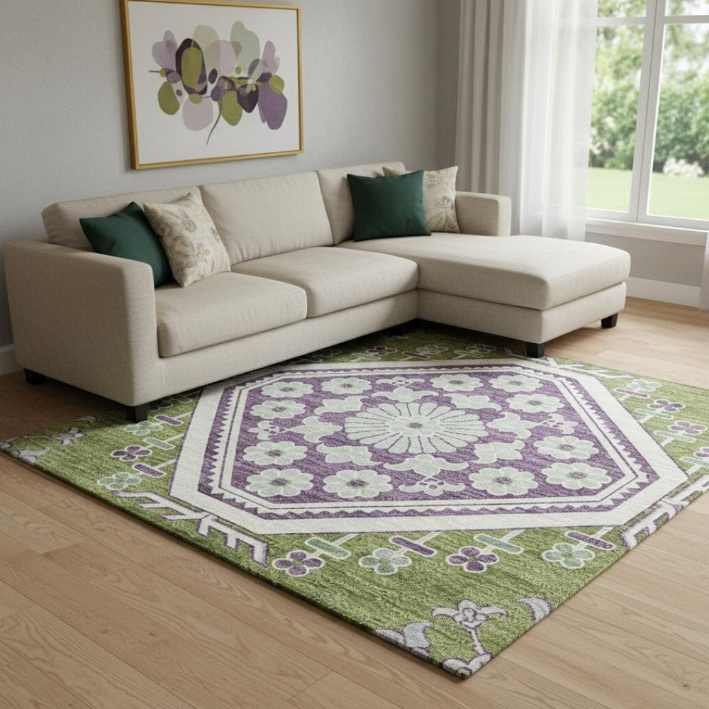 HomeRoots 8' Vibrant Floral Area Rug in Lime Green, Ivory & Purple - Washable, UV Protected & Stain Resistant 693736
