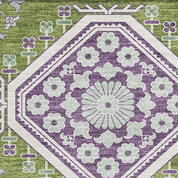 HomeRoots 8' Vibrant Floral Area Rug in Lime Green, Ivory & Purple - Washable, UV Protected & Stain Resistant 693736