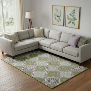 HomeRoots 9' X 12' Vibrant Floral Area Rug in Lime Green, Ivory & Purple - Washable, UV Protected & Durable 693737