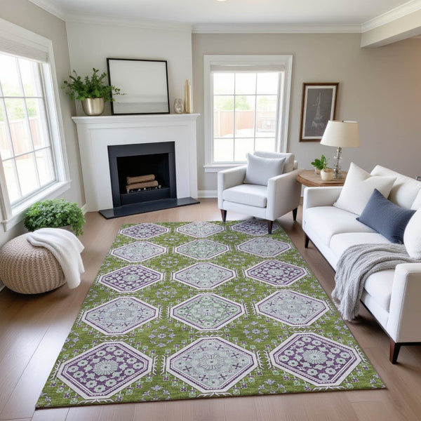 HomeRoots 9' X 12' Vibrant Floral Area Rug in Lime Green, Ivory & Purple - Washable, UV Protected & Durable 693737