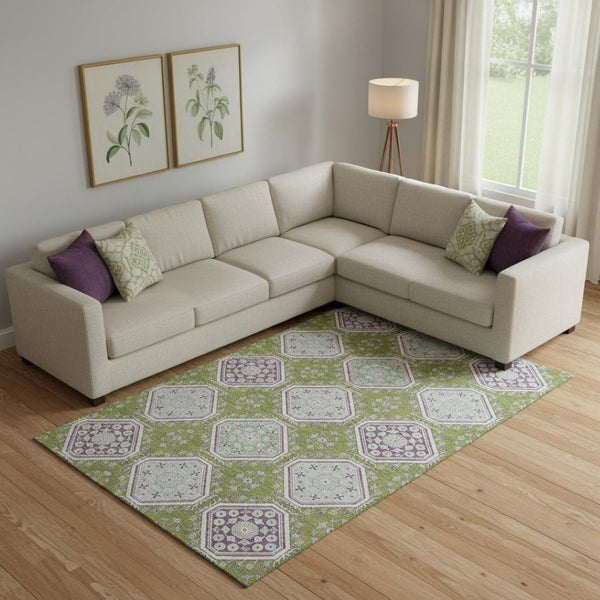 HomeRoots 10' Vibrant Lime Green, Ivory & Purple Floral Area Rug – Washable, UV Protected for Family Spaces 693738