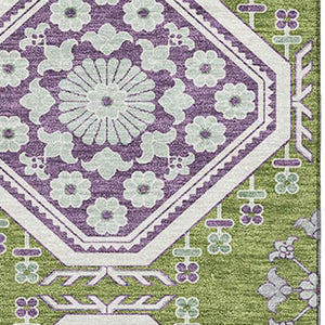 HomeRoots 10' Vibrant Lime Green, Ivory & Purple Floral Area Rug – Washable, UV Protected for Family Spaces 693738