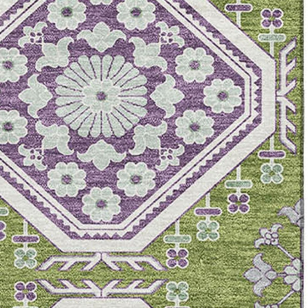 HomeRoots 10' Vibrant Lime Green, Ivory & Purple Floral Area Rug – Washable, UV Protected for Family Spaces 693738