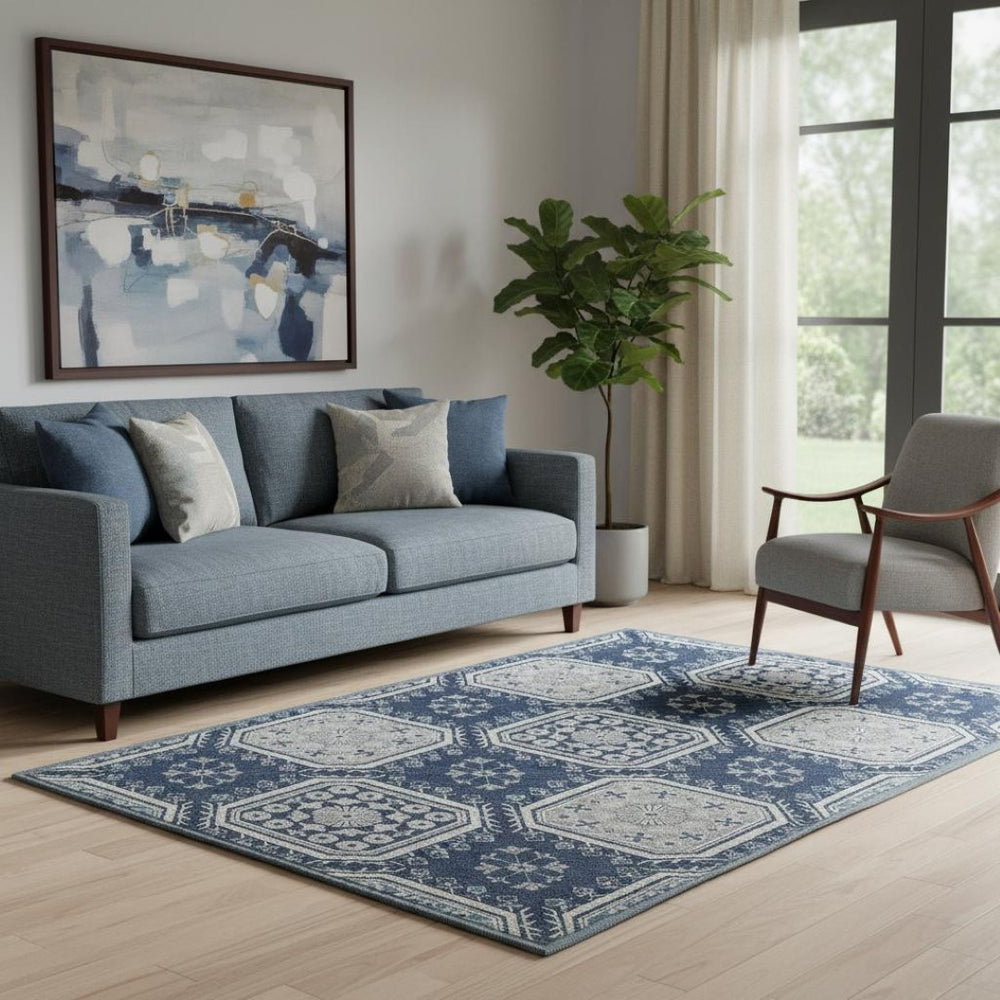 HomeRoots 5' X 8' Navy Blue & Ivory Floral Area Rug - Washable, UV-Protected, Durable & Stain-Resistant Design 693740