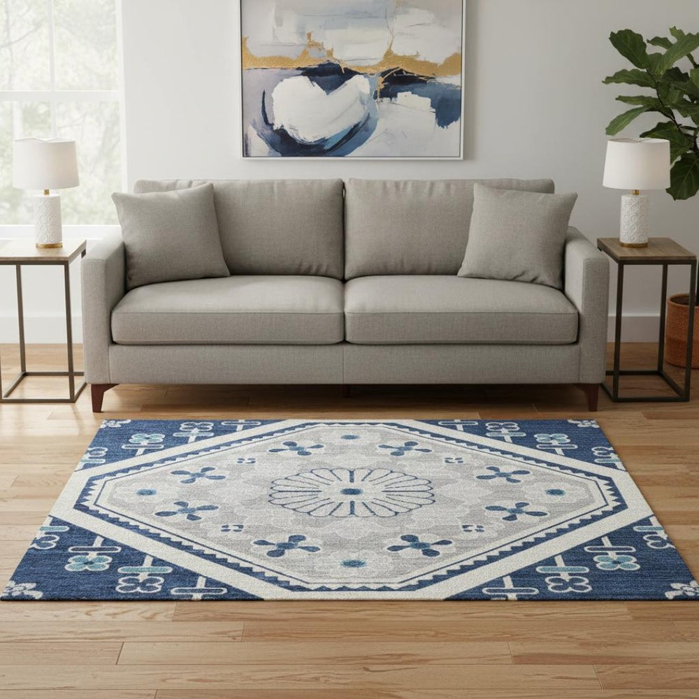HomeRoots 8' X 8' Navy Blue Floral Round Rug - Durable, Washable, UV-Protected with Non-Slip Backing for Home Use 693741