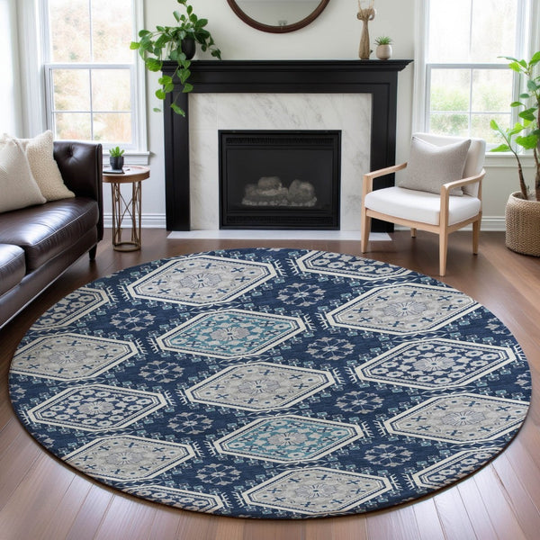 HomeRoots 8' X 8' Navy Blue Floral Round Rug - Durable, Washable, UV-Protected with Non-Slip Backing for Home Use 693741