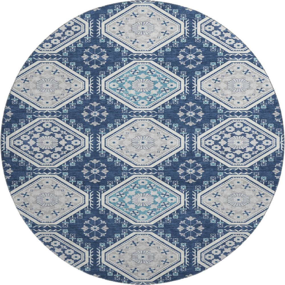 HomeRoots 8' X 8' Navy Blue Floral Round Rug - Durable, Washable, UV-Protected with Non-Slip Backing for Home Use 693741