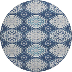 HomeRoots 8' X 8' Navy Blue Floral Round Rug - Durable, Washable, UV-Protected with Non-Slip Backing for Home Use 693741