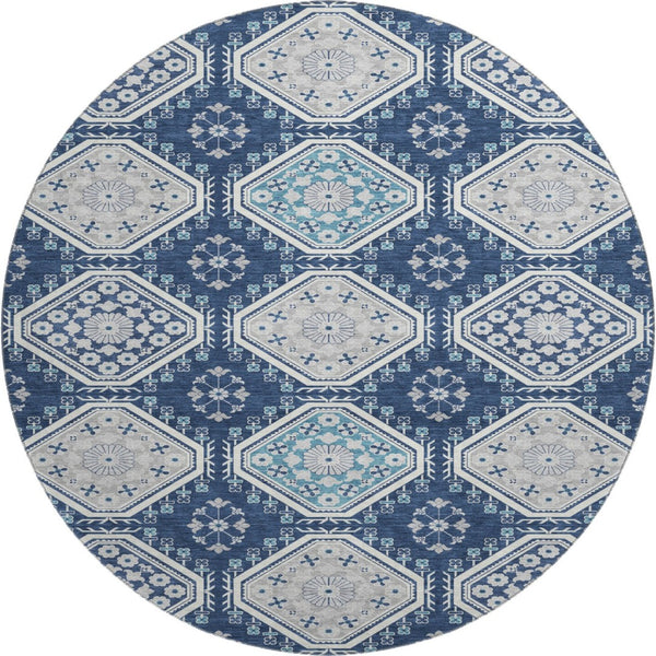 HomeRoots 8' X 8' Navy Blue Floral Round Rug - Durable, Washable, UV-Protected with Non-Slip Backing for Home Use 693741