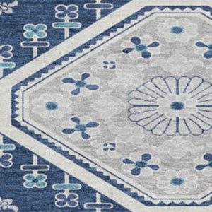 HomeRoots 8' X 8' Navy Blue Floral Round Rug - Durable, Washable, UV-Protected with Non-Slip Backing for Home Use 693741