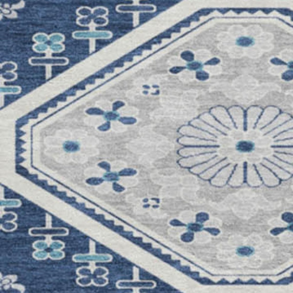 HomeRoots 8' X 8' Navy Blue Floral Round Rug - Durable, Washable, UV-Protected with Non-Slip Backing for Home Use 693741