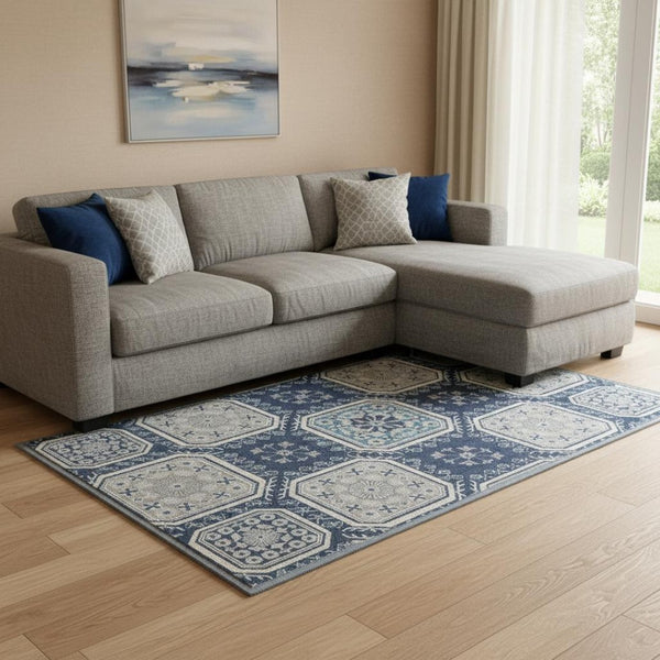 HomeRoots 8' Navy Blue & Ivory Floral Area Rug - Washable, Stain Resistant, UV Protected for Busy Spaces 693742