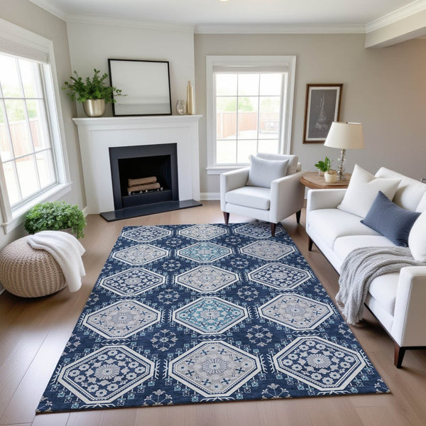 HomeRoots 8' Navy Blue & Ivory Floral Area Rug - Washable, Stain Resistant, UV Protected for Busy Spaces 693742