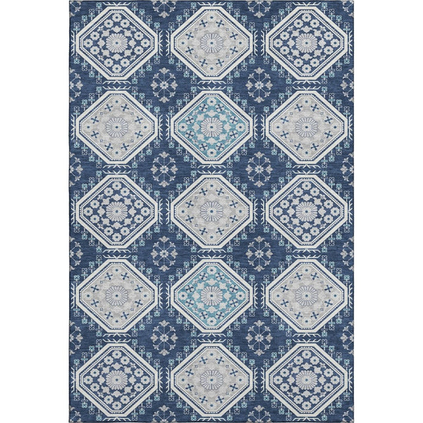 HomeRoots 8' Navy Blue & Ivory Floral Area Rug - Washable, Stain Resistant, UV Protected for Busy Spaces 693742