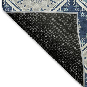 HomeRoots 8' Navy Blue & Ivory Floral Area Rug - Washable, Stain Resistant, UV Protected for Busy Spaces 693742