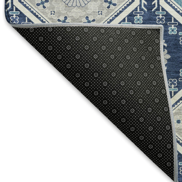HomeRoots 8' Navy Blue & Ivory Floral Area Rug - Washable, Stain Resistant, UV Protected for Busy Spaces 693742
