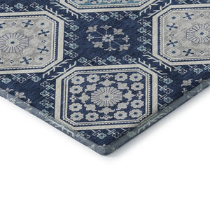 HomeRoots 8' Navy Blue & Ivory Floral Area Rug - Washable, Stain Resistant, UV Protected for Busy Spaces 693742