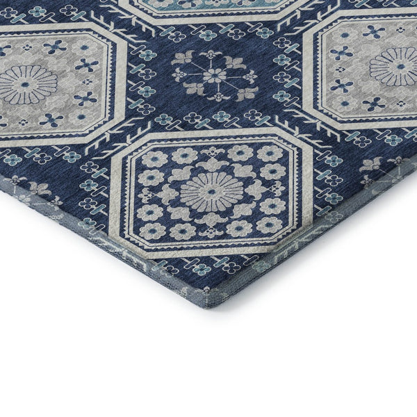 HomeRoots 8' Navy Blue & Ivory Floral Area Rug - Washable, Stain Resistant, UV Protected for Busy Spaces 693742