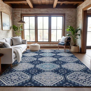 HomeRoots 8' Navy Blue & Ivory Floral Area Rug - Washable, Stain Resistant, UV Protected for Busy Spaces 693742
