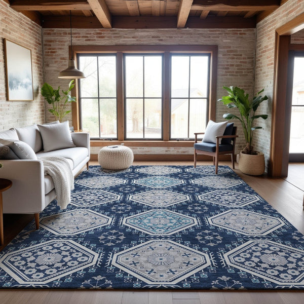 HomeRoots 8' Navy Blue & Ivory Floral Area Rug - Washable, Stain Resistant, UV Protected for Busy Spaces 693742