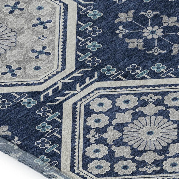 HomeRoots 8' Navy Blue & Ivory Floral Area Rug - Washable, Stain Resistant, UV Protected for Busy Spaces 693742
