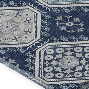 HomeRoots 8' Navy Blue & Ivory Floral Area Rug - Washable, Stain Resistant, UV Protected for Busy Spaces 693742