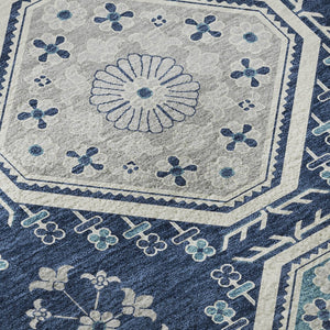 HomeRoots 9' X 12' Navy Blue & Ivory Floral Area Rug – Stain Resistant, UV Protected, Easy-Care Living Essential 693743